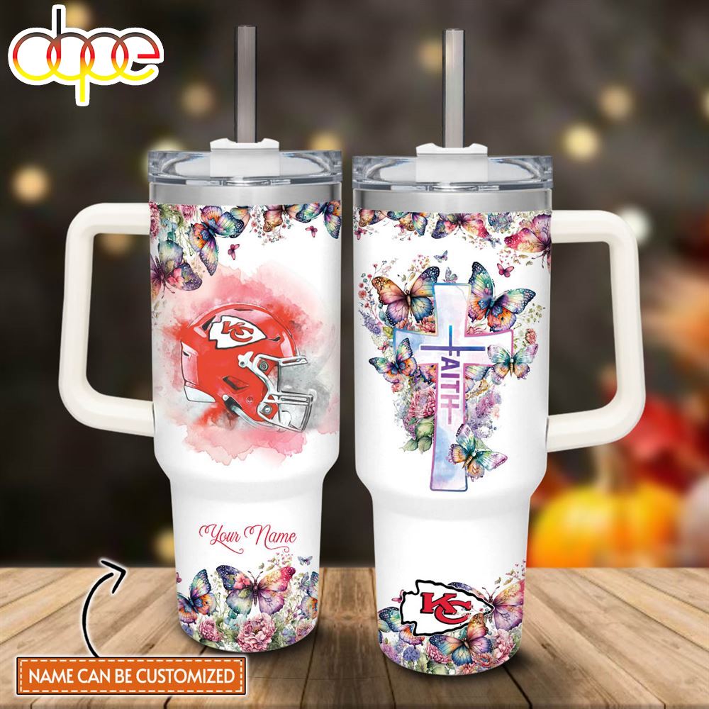 Custom Name Faith In Chiefs Flower Butterflies Pattern 40oz Stainless Steel Tumbler With Handle And Straw Lid