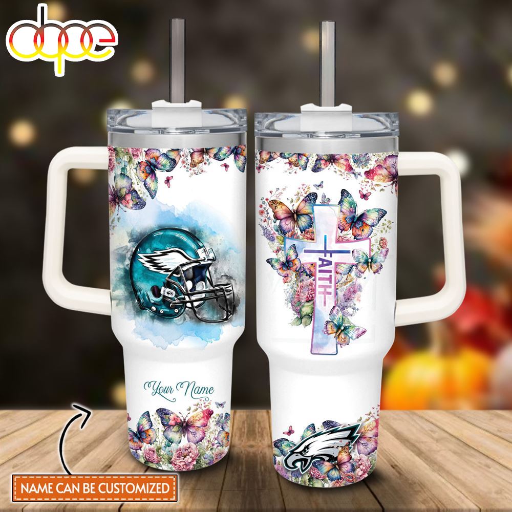 Custom Name Faith In Eagles Flower Butterflies Pattern 40oz Stainless Steel Tumbler With Handle And Straw Lid