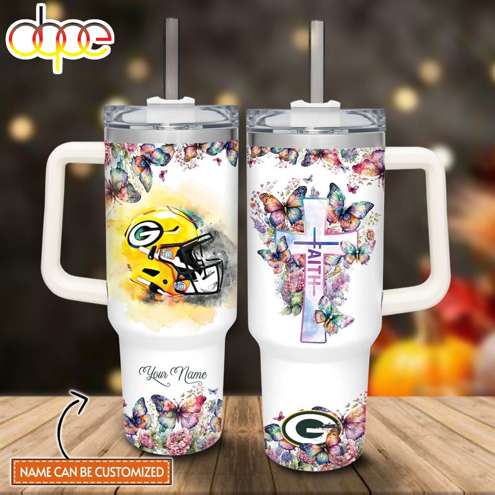 Custom Name Faith In Packers Flower Butterflies Pattern 40oz Stainless Steel Tumbler With Handle And Straw Lid