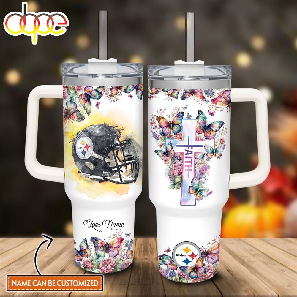 Custom Name Faith In Steelers Flower Butterflies Pattern 40oz Stainless Steel Tumbler With Handle And Straw Lid