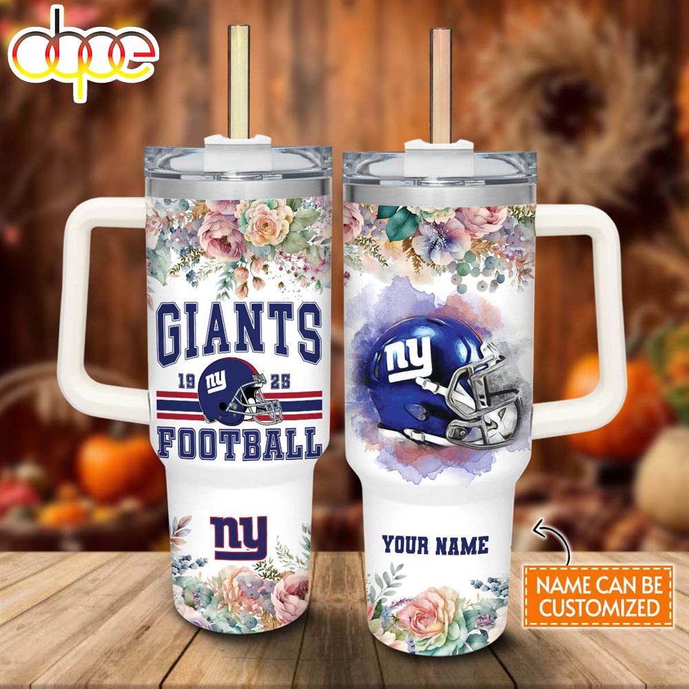 Custom Name Giants Helmet Flame Pattern 40oz Stainless Steel Tumbler With Handle And Straw Lid