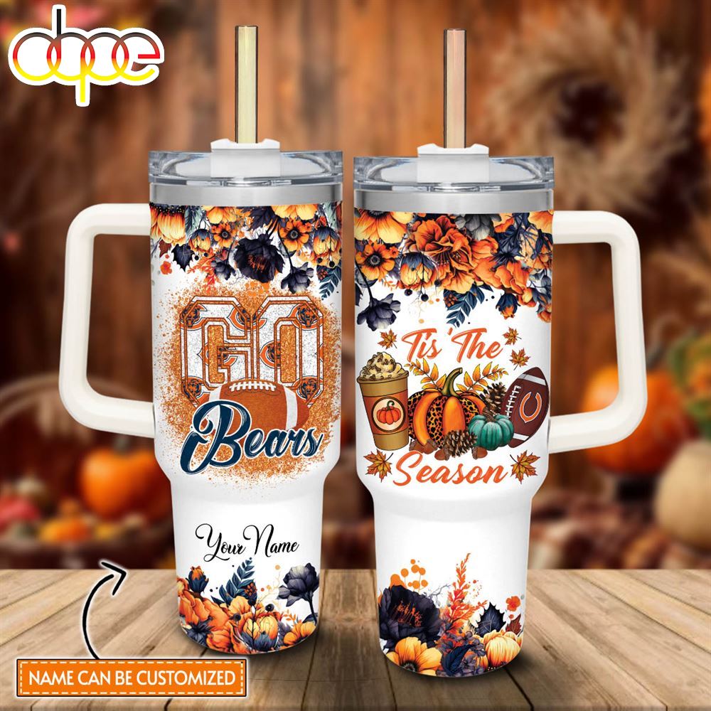 Custom Name Go Bears Tis The Season Flower Pattern 40oz Stainless Steel Tumbler With Handle And Straw Lid