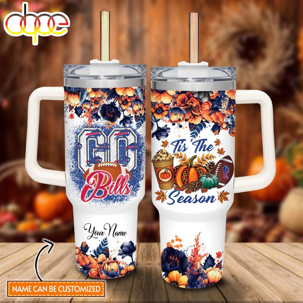 Custom Name Go Bills Tis The Season Flower Pattern 40oz Stainless Steel Tumbler With Handle And Straw Lid