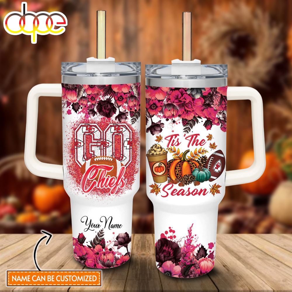 Custom Name Go Chiefs Tis The Season Flower Pattern 40oz Stainless Steel Tumbler With Handle And Straw Lid