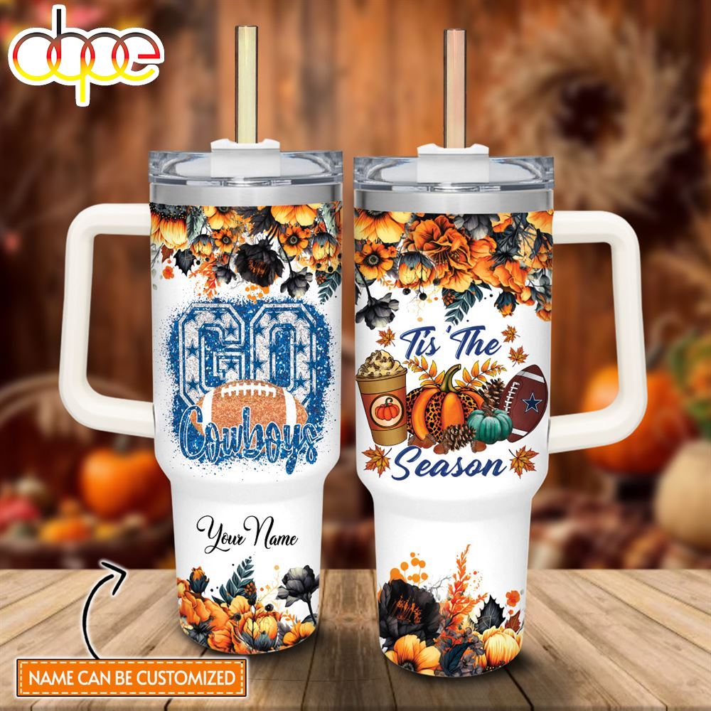 Custom Name Go Cowboys Tis The Season Flower Pattern 40oz Stainless Steel Tumbler With Handle And Straw Lid