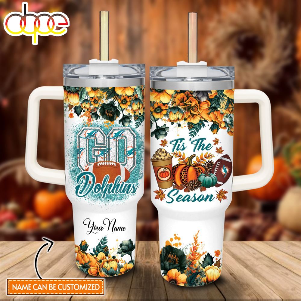 Custom Name Go Dolphins Tis The Season Flower Pattern 40oz Stainless Steel Tumbler With Handle And Straw Lid