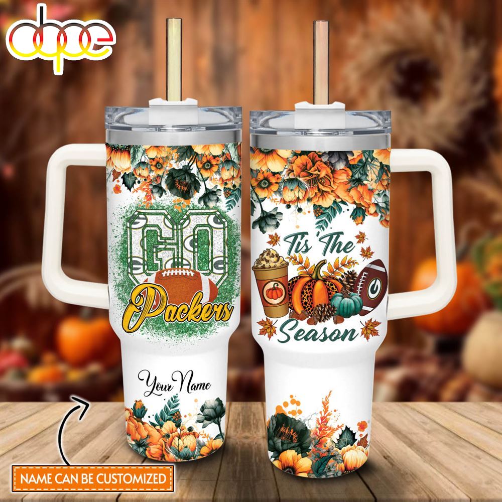 Custom Name Go Packers Tis The Season Flower Pattern 40oz Stainless Steel Tumbler With Handle And Straw Lid