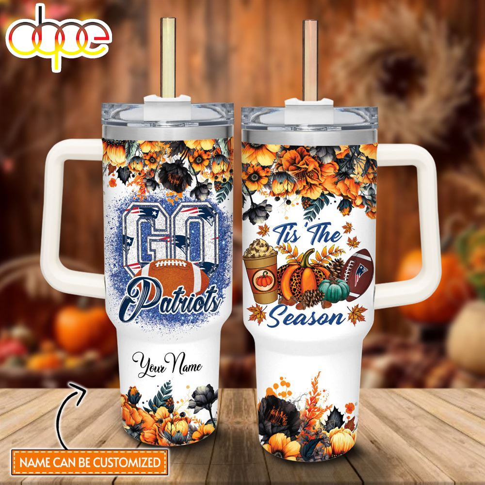 Custom Name Go Patriots Tis The Season Flower Pattern 40oz Stainless Steel Tumbler With Handle And Straw Lid