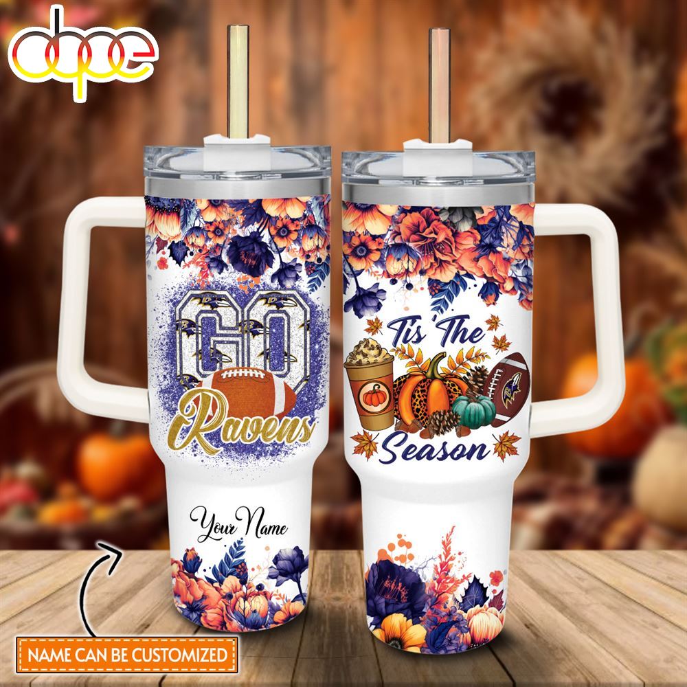 Custom Name Go Ravens Tis The Season Flower Pattern 40oz Stainless Steel Tumbler With Handle And Straw Lid