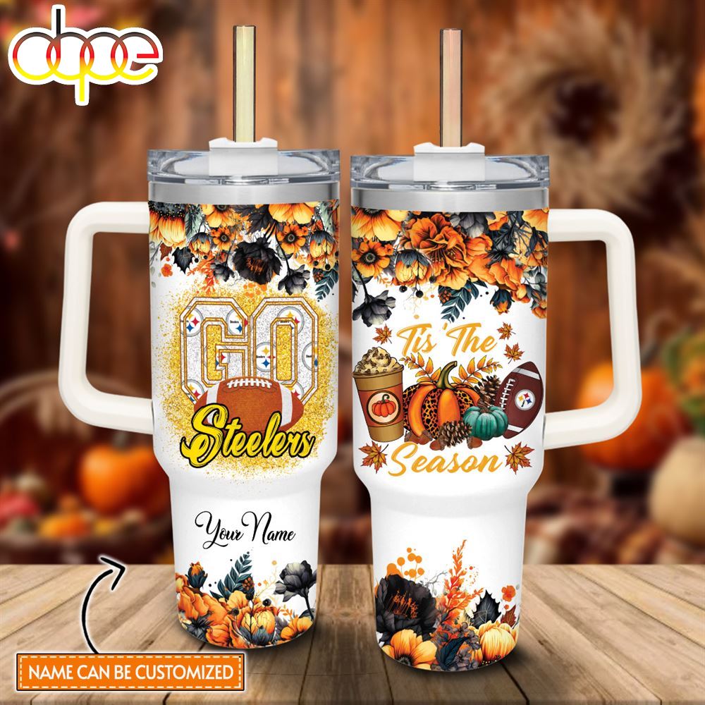Custom Name Go Steelers Tis The Season Flower Pattern 40oz Stainless Steel Tumbler With Handle And Straw Lid