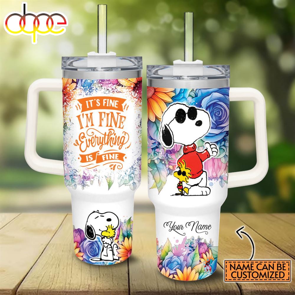Custom Name Its Fine Im Fine Snoopy Colorful Flower Pattern 40oz Stainless Steel Tumbler With Handle And Straw Lid