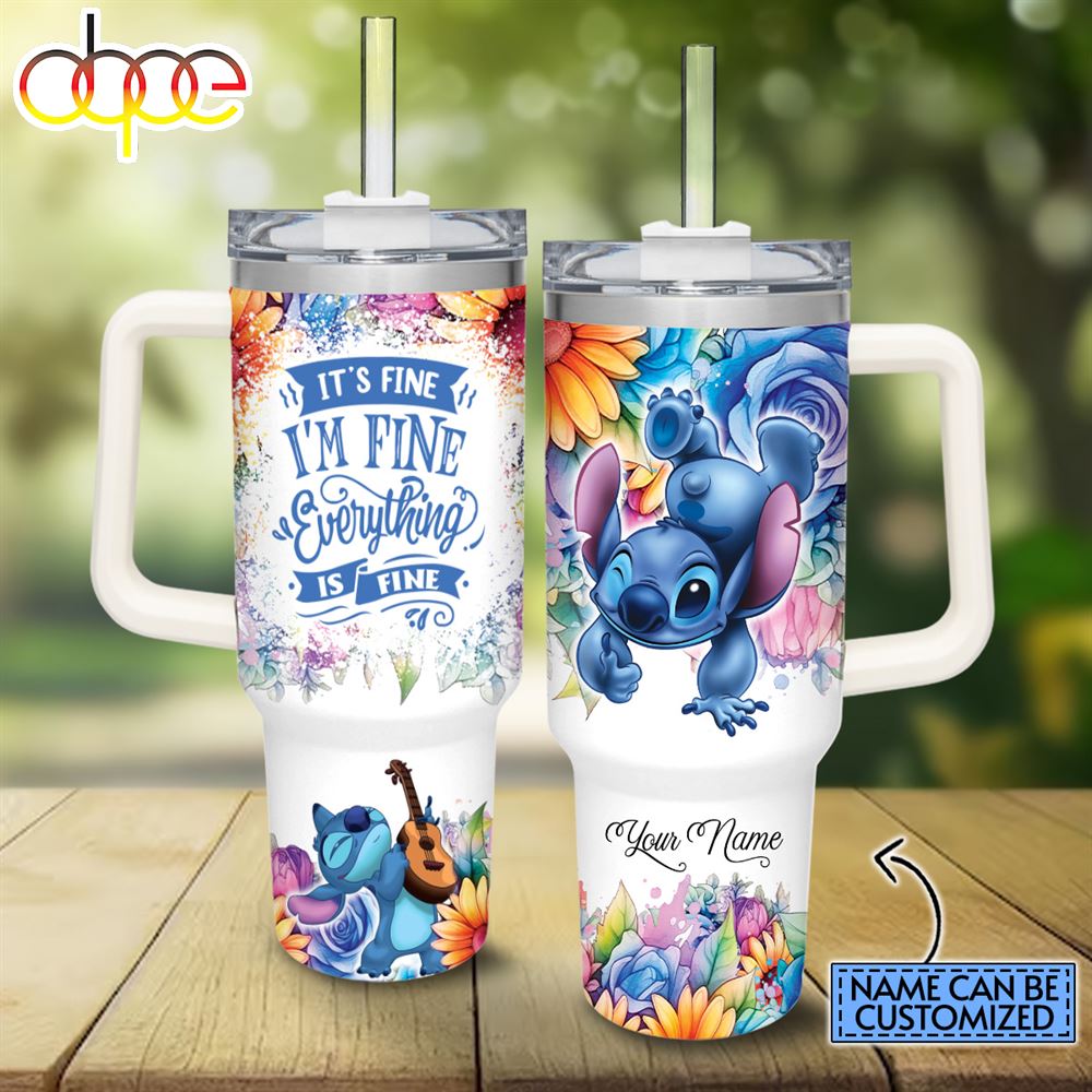Custom Name Its Fine Im Fine Stitch Colorful Flower Pattern 40oz Stainless Steel Tumbler With Handle And Straw Lid