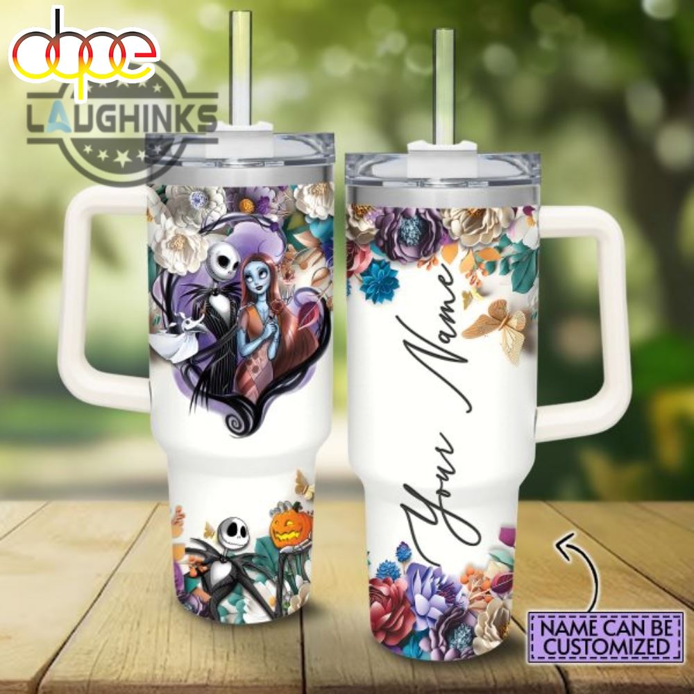 Custom Name Jack Skellington 3D Colorful Flower Sublimation Pattern 40Oz Tumbler With Handle And Straw Lid 40 Oz Stanley Travel Cups