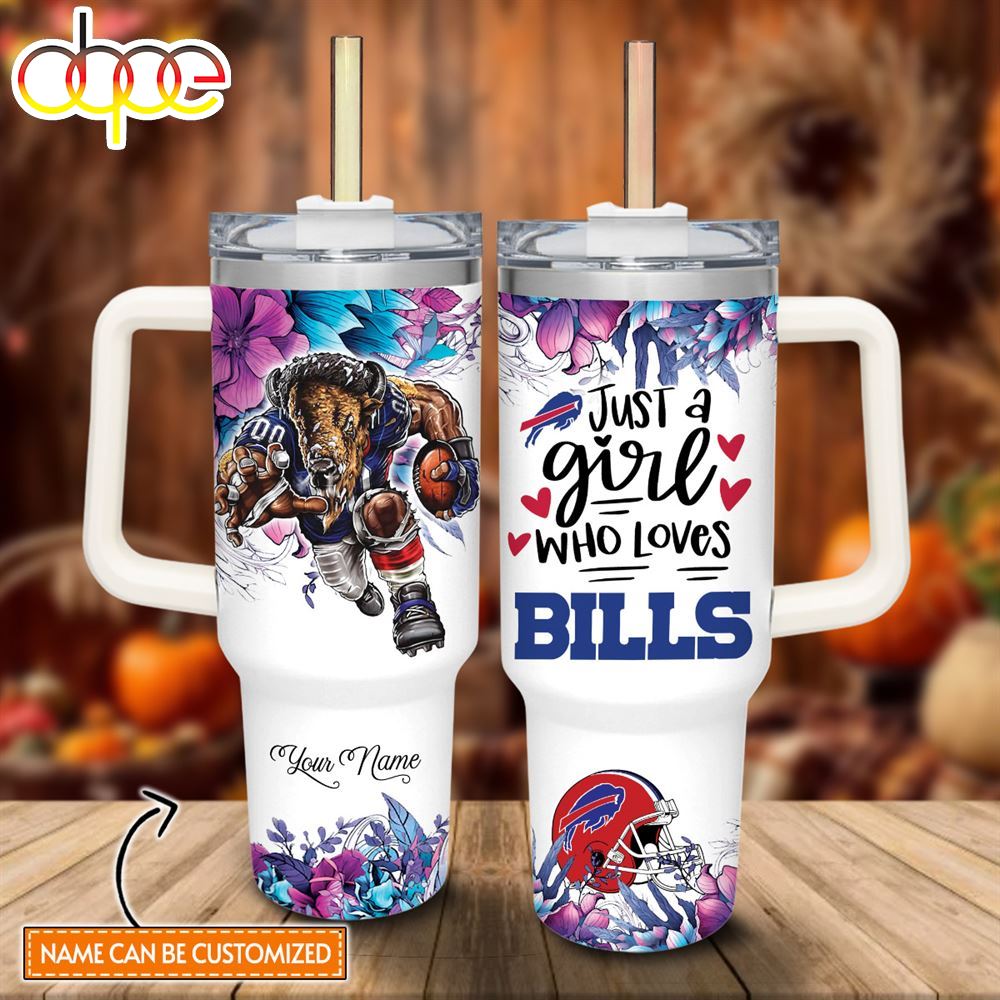 Custom Name Just A Girl Loves Bills Mascot Flower Pattern 40oz Stainless Steel Tumbler With Handle And Straw Lid
