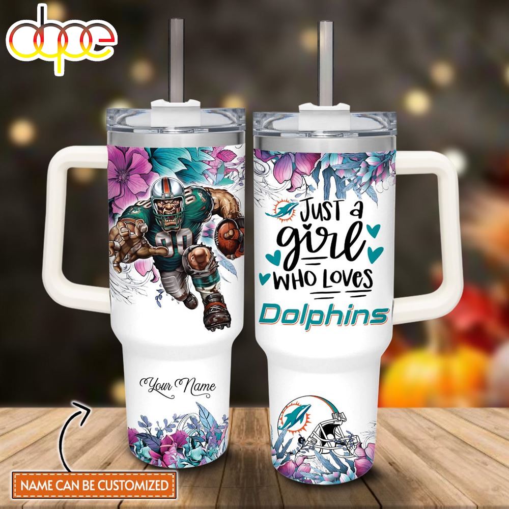 Custom Name Just A Girl Loves Dolphins Mascot Flower Pattern 40oz Stainless Steel Tumbler With Handle And Straw Lid