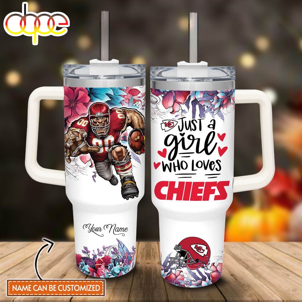 Custom Name Just A Girl Loves KC Chiefs Mascot Flower Pattern 40oz Stainless Steel Tumbler With Handle And Straw Lid