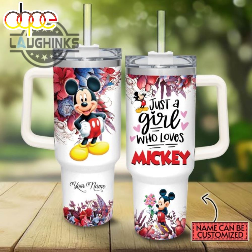 Custom Name Just A Girl Loves Mickey Mouse Colorful Flower Pattern 40oz Stainless Steel Tumbler With Handle And Straw Lid 40 Oz Stanley Travel Cups