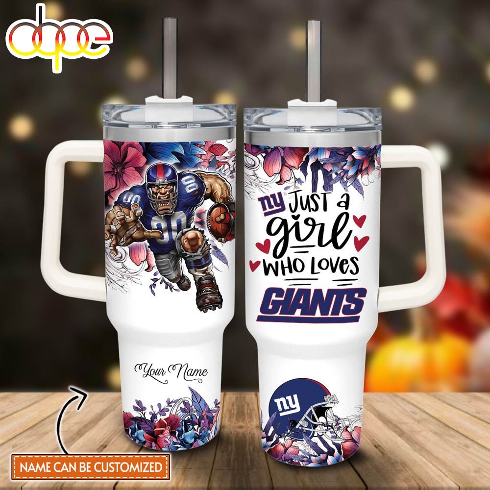 Custom Name Just A Girl Loves NY Giants Mascot Flower Pattern 40oz Stainless Steel Tumbler With Handle And Straw Lid