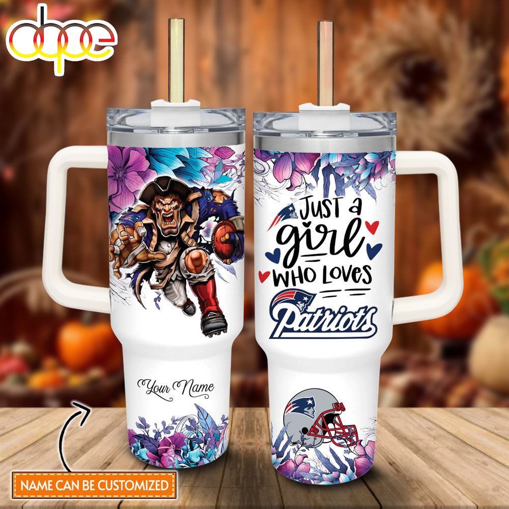 Custom Name Just A Girl Loves Patriots Mascot Flower Pattern 40oz Stainless Steel Tumbler With Handle And Straw Lid