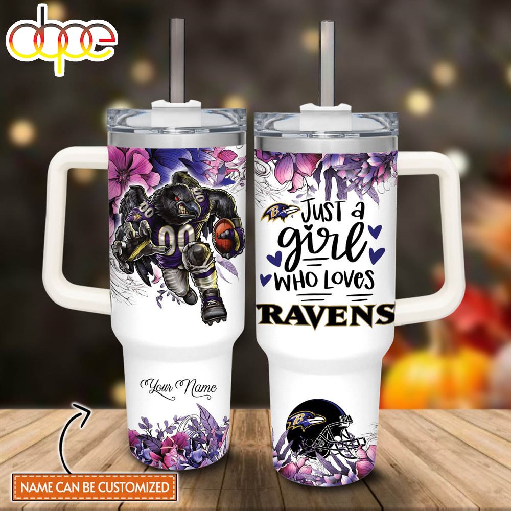 Custom Name Just A Girl Loves Ravens Mascot Flower Pattern 40oz Stainless Steel Tumbler With Handle And Straw Lid