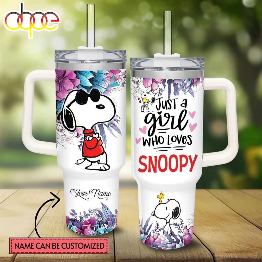 Custom Name Just A Girl Loves Snoopy Flower Pattern 40oz Tumbler With Handle And Straw Lid