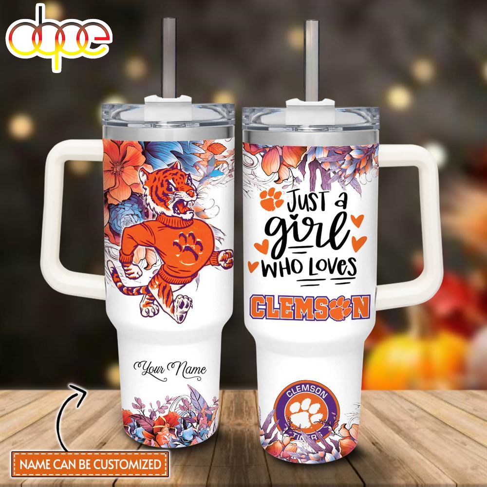 Custom Name Just A Girl Loves Tigers Mascot Flower Pattern 40oz Stainless Steel Tumbler With Handle And Straw Lid