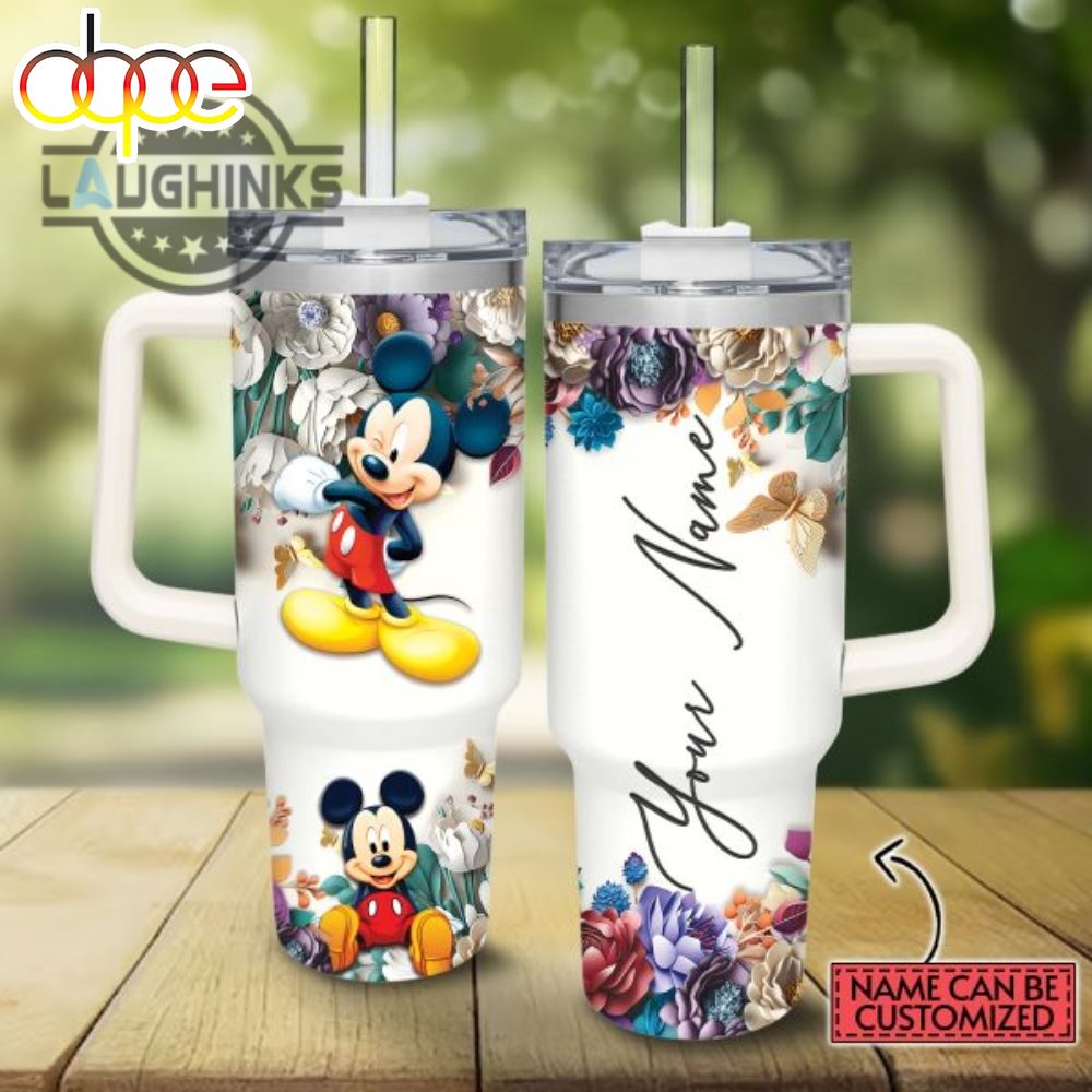Custom Name Mickey Mouse 3d Colorful Flower Sublimation Pattern 40oz Tumbler With Handle And Straw Lid 40 Oz Stanley Travel Cups