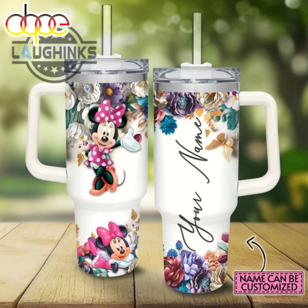 Custom Name Minnie Mouse 3D Colorful Flower Sublimation Pattern 40Oz Tumbler With Handle And Straw Lid 40 Oz Stanley Travel Cups