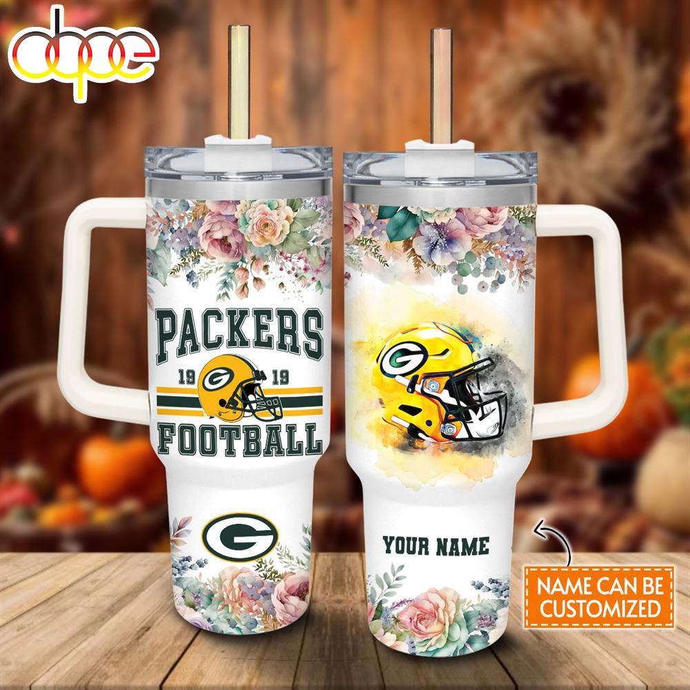 Custom Name Packers Helmet Flame Pattern 40oz Stainless Steel Tumbler With Handle And Straw Lid