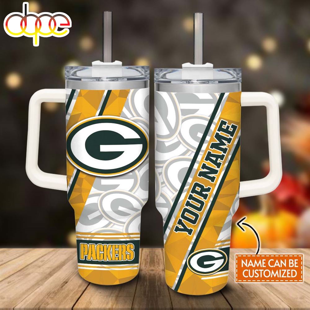 Custom Name Packers Pattern 40oz Stainless Steel Tumbler With Handle And Straw Lid