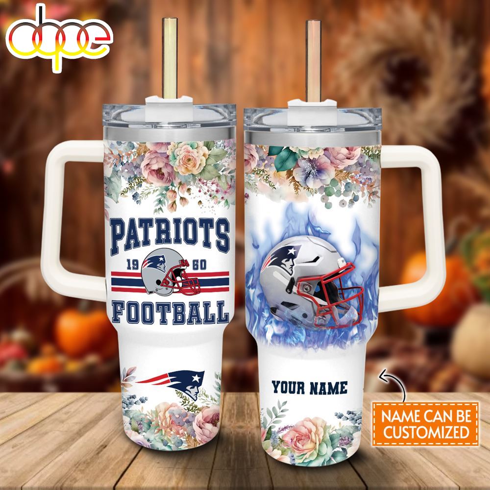Custom Name Patriots Helmet Flame Pattern 40oz Stainless Steel Tumbler With Handle And Straw Lid