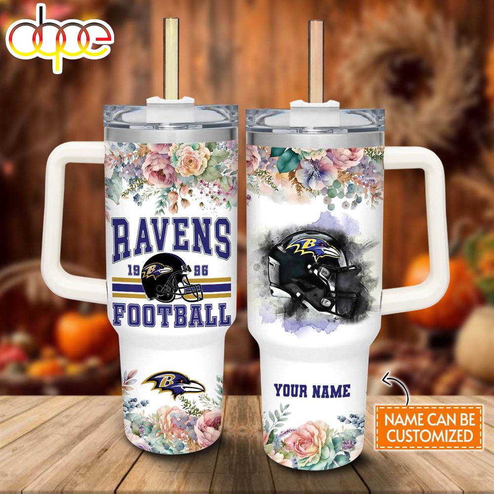 Custom Name Ravens Helmet Flame Pattern 40oz Stainless Steel Tumbler With Handle And Straw Lid