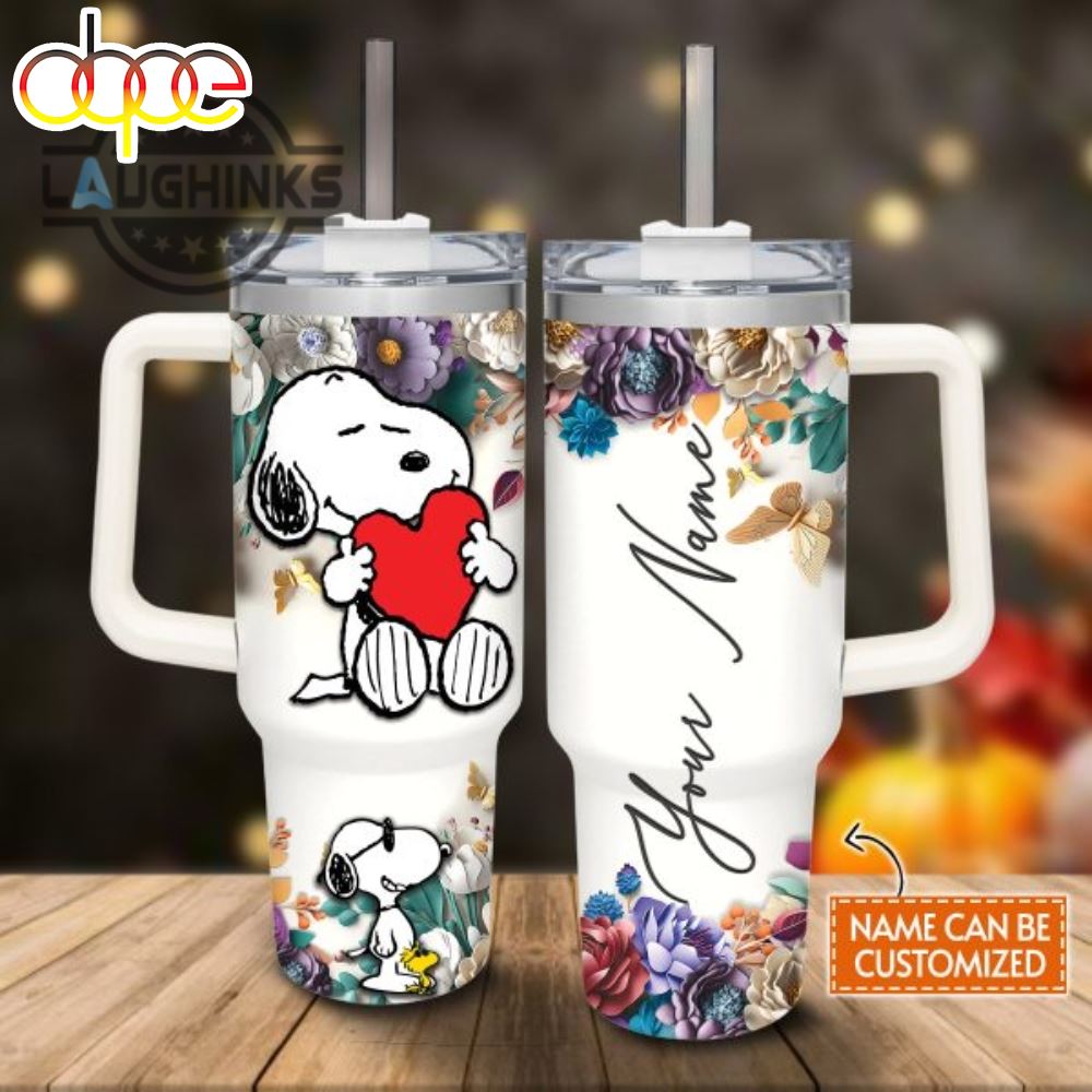 Custom Name Snoopy 3D Colorful Flower Sublimation Pattern 40Oz Tumbler With Handle And Straw Lid 40 Oz Stanley Travel Cups