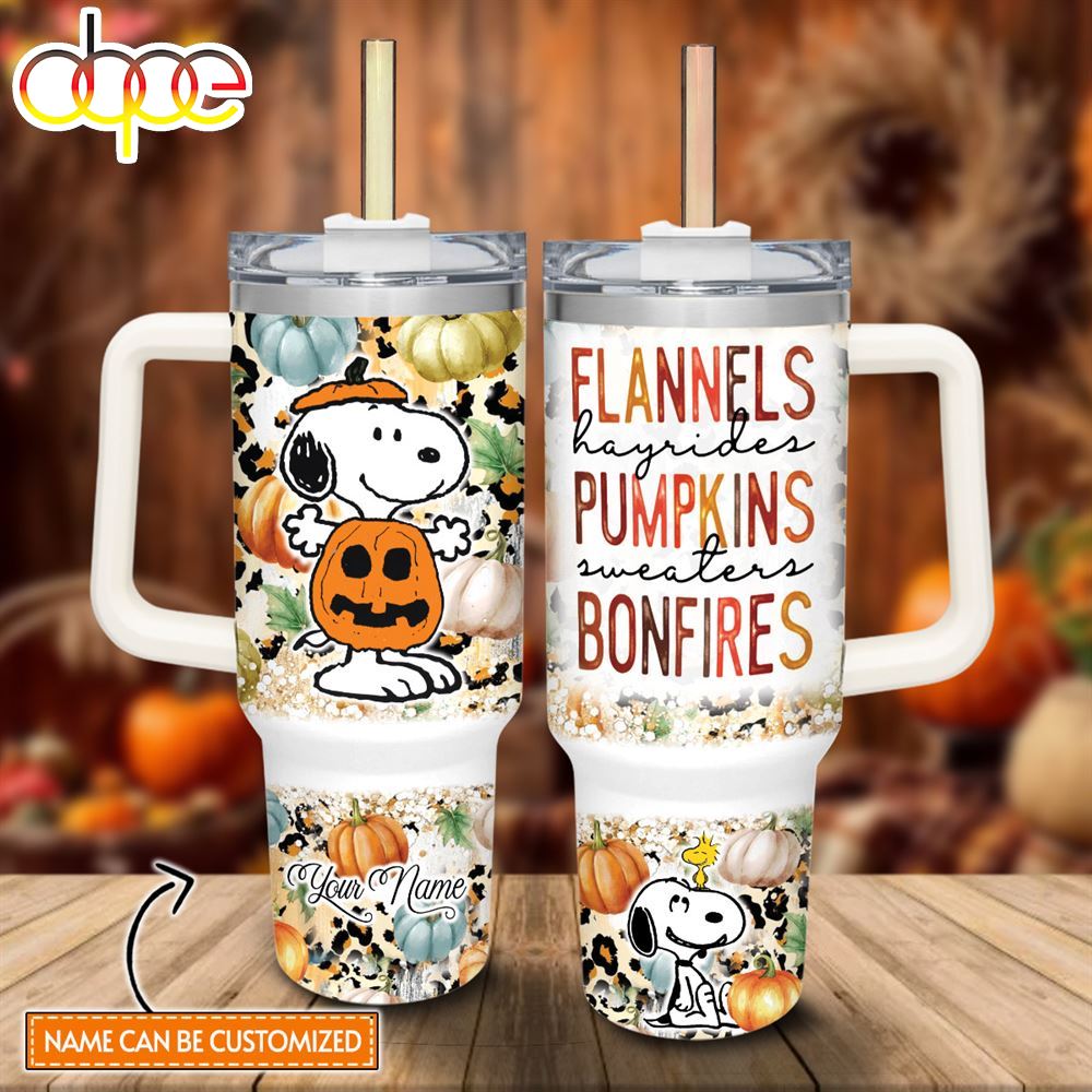 Custom Name Snoopy Flannels Pumpkins Bonfires Pattern 40oz Stainless Steel Tumbler With Handle And Straw Lid