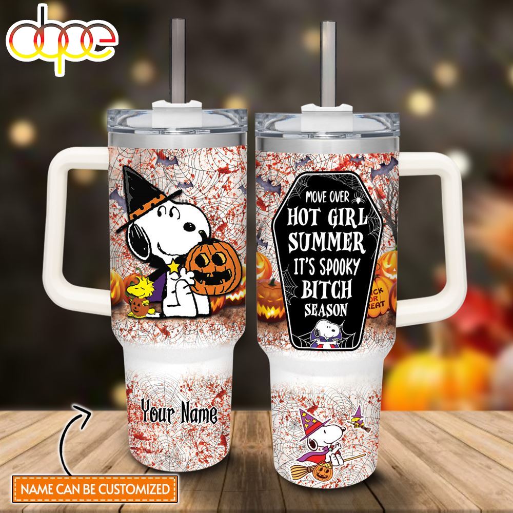Custom Name Snoopy Halloween Costume It's Spooky Season 40oz Stainless Steel Tumbler With Handle And Straw Lid