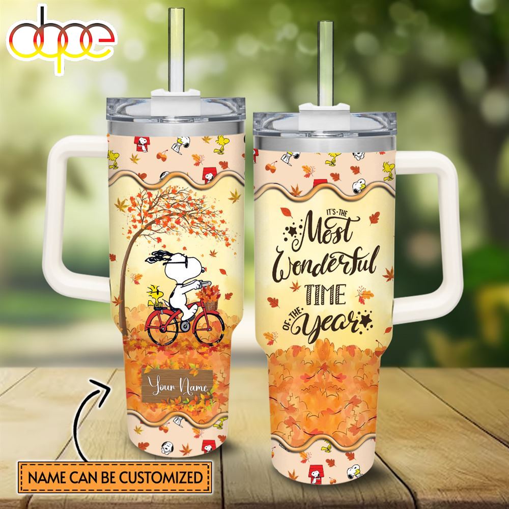 Custom Name Snoopy Most Wonderful Time Fall Leaf Pattern 40oz Stainless Steel Tumbler With Handle And Straw Lid