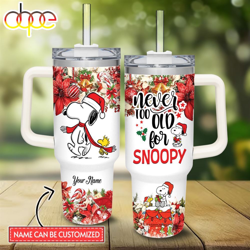 Custom Name Snoopy Poinsettia Red Flower Christmas Pattern 40oz Stainless Steel Tumbler With Handle And Straw Lid
