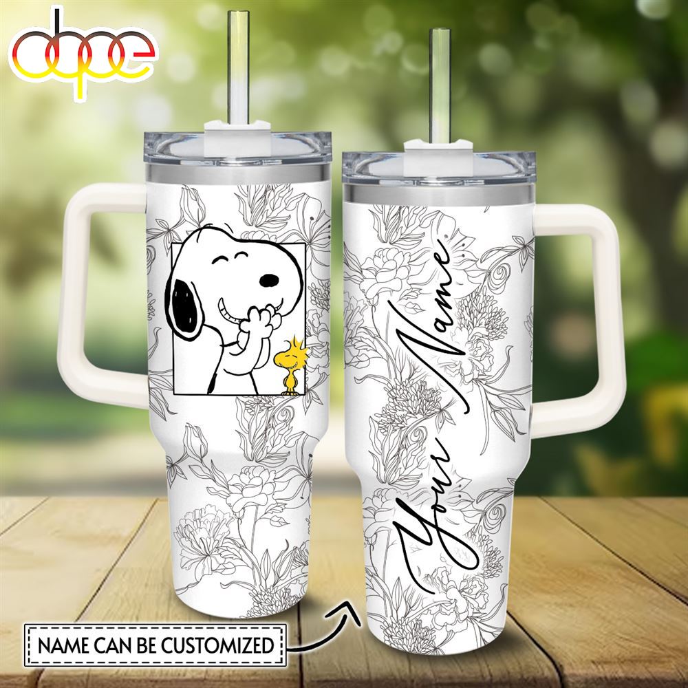 Custom Name Snoopy Sketch Flower Pattern White 40oz Stainless Steel Tumbler With Handle And Straw Lid
