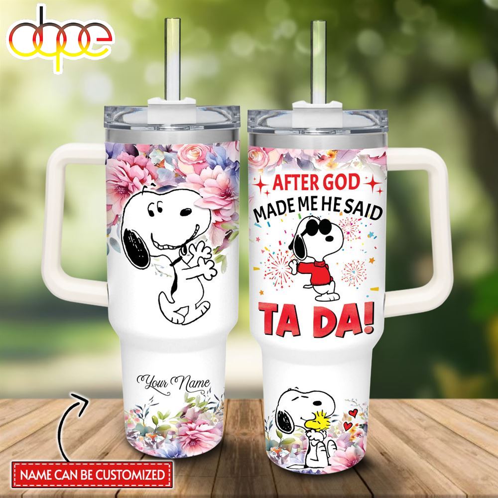 Custom Name Snoopy Tada 40oz Stainless Steel Tumbler With Handle And Straw Lid