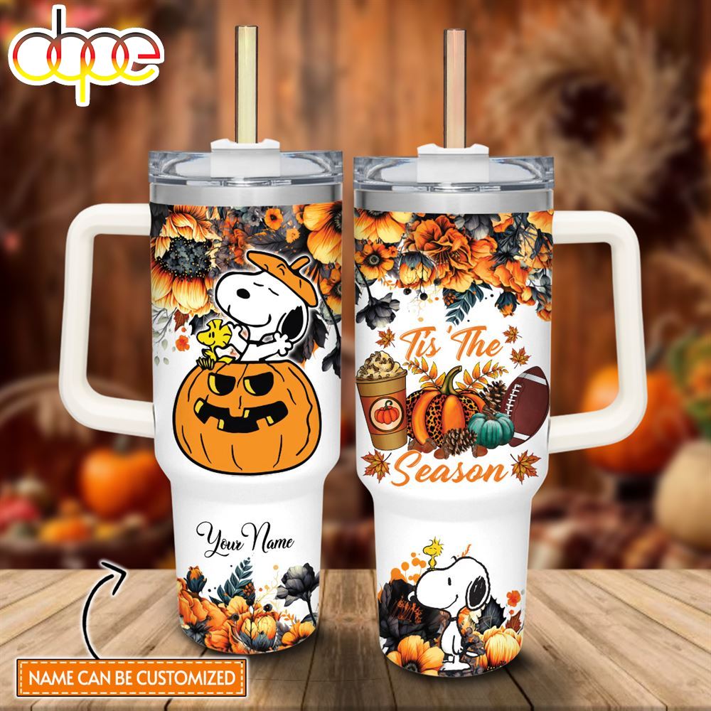 Custom Name Snoopy Tis The Season Fall Leaf Pattern 40oz Stainless Steel Tumbler With Handle And Straw Lid