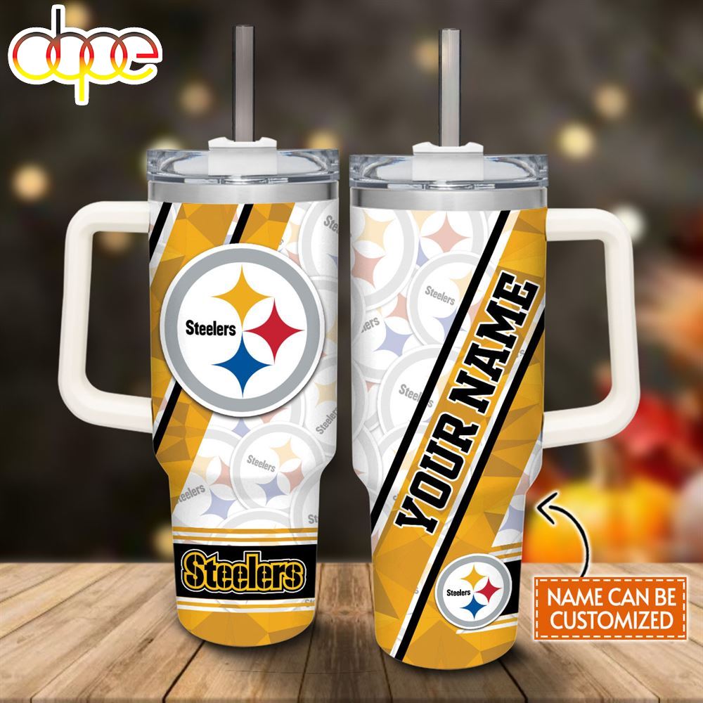 Custom Name Steelers Pattern 40oz Stainless Steel Tumbler With Handle And Straw Lid