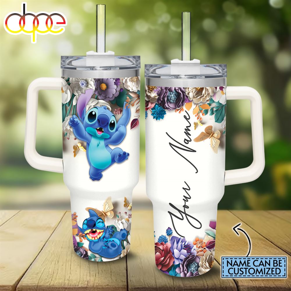 Custom Name Stitch 3D Colorful Flower Sublimation Pattern 40oz Tumbler With Handle And Straw Lid