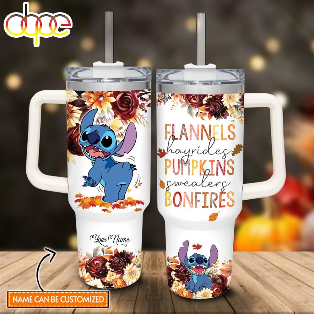 Custom Name Stitch Flannels Pumpkins Bonfires Fall Theme Pattern 40oz Tumbler With Handle And Straw Lid