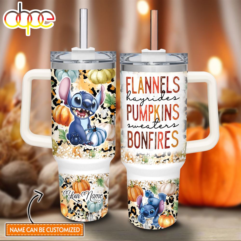 Custom Name Stitch Flannels Pumpkins Bonfires Pattern 40oz Stainless Steel Tumbler With Handle And Straw Lid