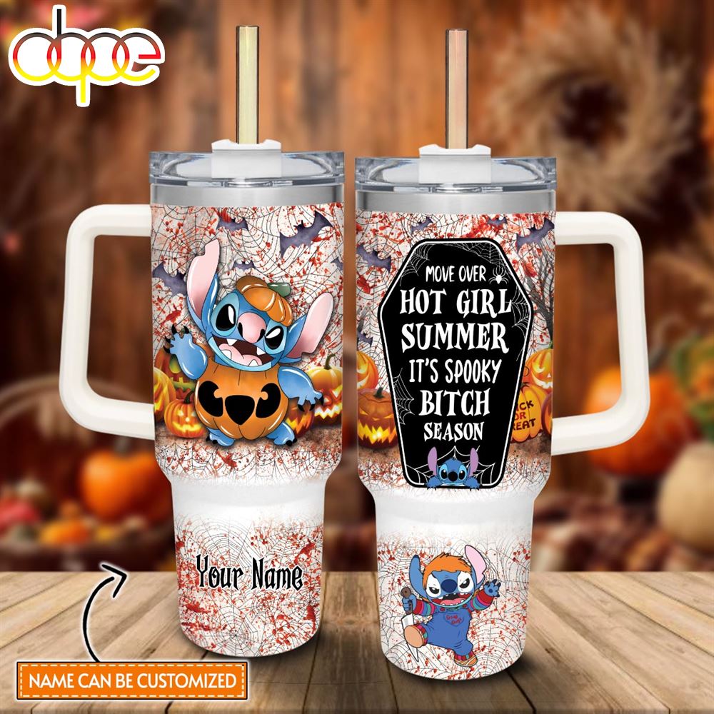 Custom Name Stitch Halloween Costume Its Spooky Season 40oz Stainless Steel Tumbler With Handle And Straw Lid