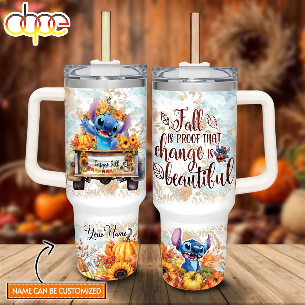 Custom Name Stitch Happy Fall Pumpkin Flower Pattern 40oz Tumbler With Handle And Straw Lid