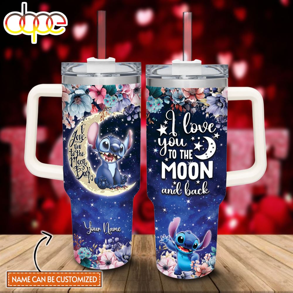 Custom Name Stitch I Love You To The Moon Amp Back 40oz Stainless Steel Tumbler With Handle And Straw Lid