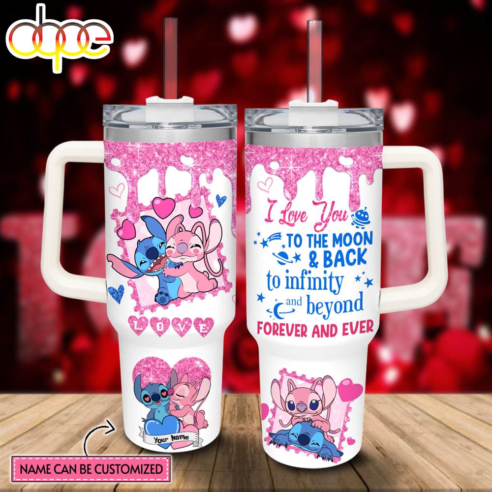 Custom Name Stitch Love You To The Moon Amp Back 40oz Stainless Steel Tumbler With Handle And Straw Lid