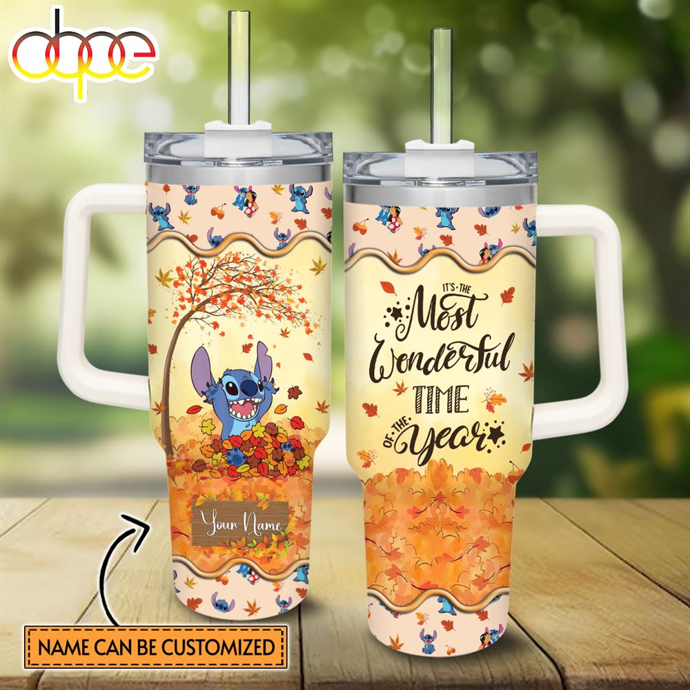 Custom Name Stitch Most Wonderful Time Fall Leaf Pattern 40oz Stainless Steel Tumbler With Handle And Straw Lid