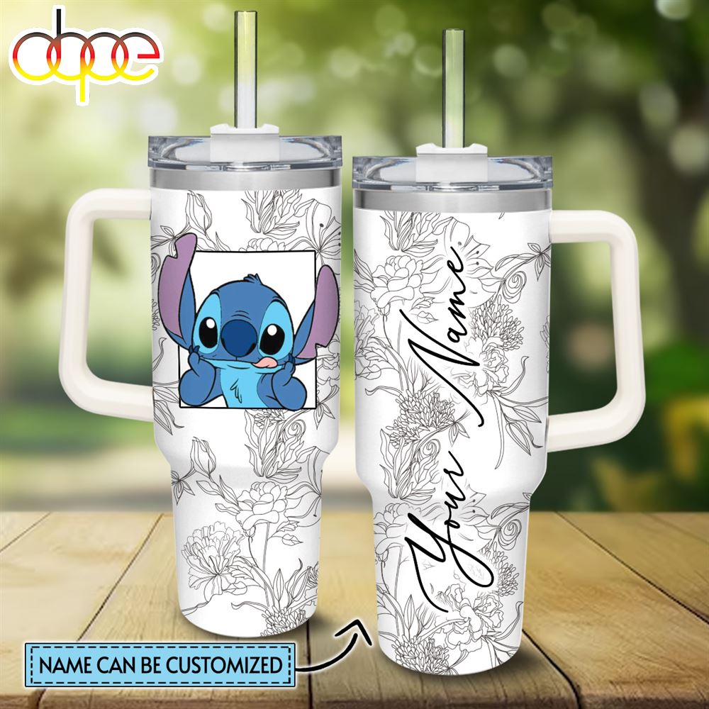 Custom Name Stitch Sketch Flower Pattern White 40oz Stainless Steel Tumbler With Handle And Straw Lid